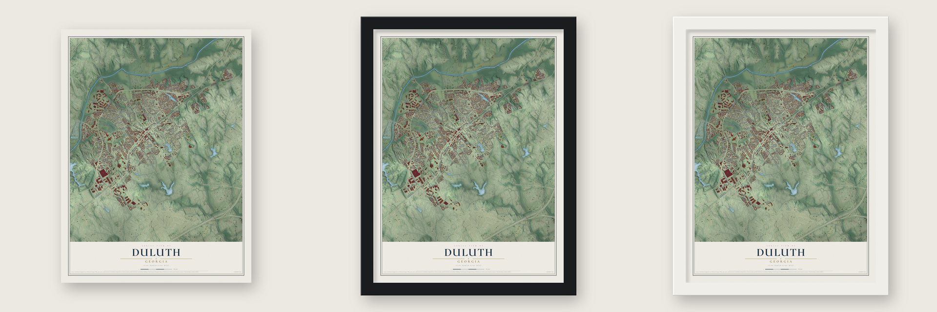 Duluth, Georgia map unframed, in a black wood frame and in a white wood frame