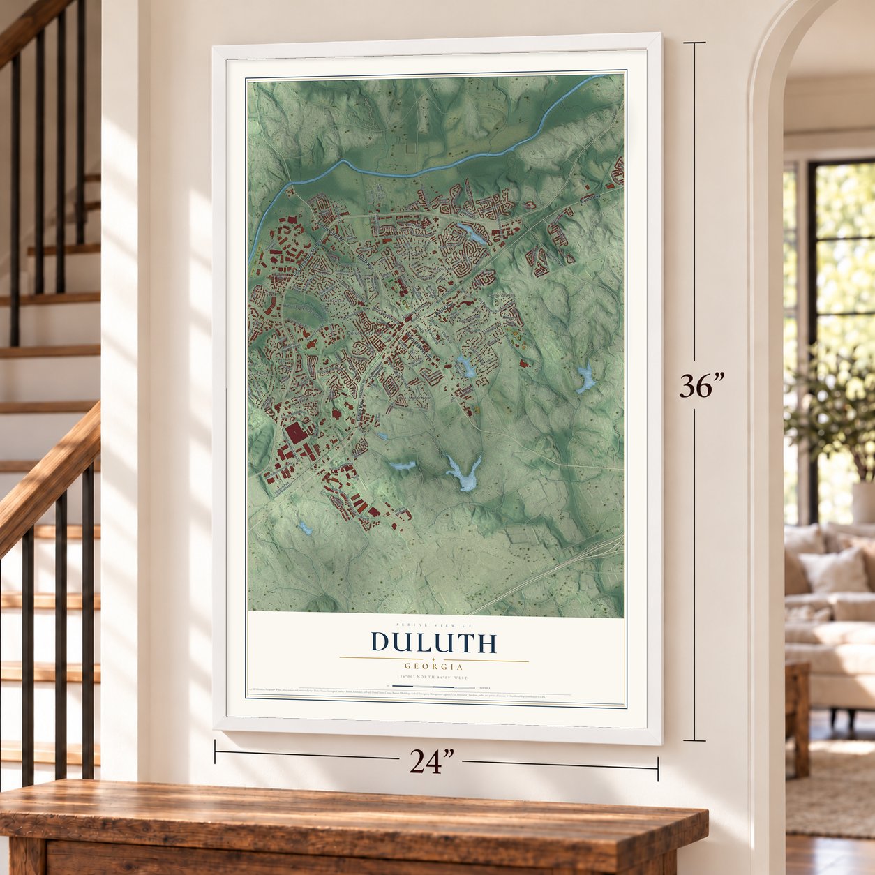 Duluth, Georgia map, 24 x 36 inch print in a white frame by a staircase