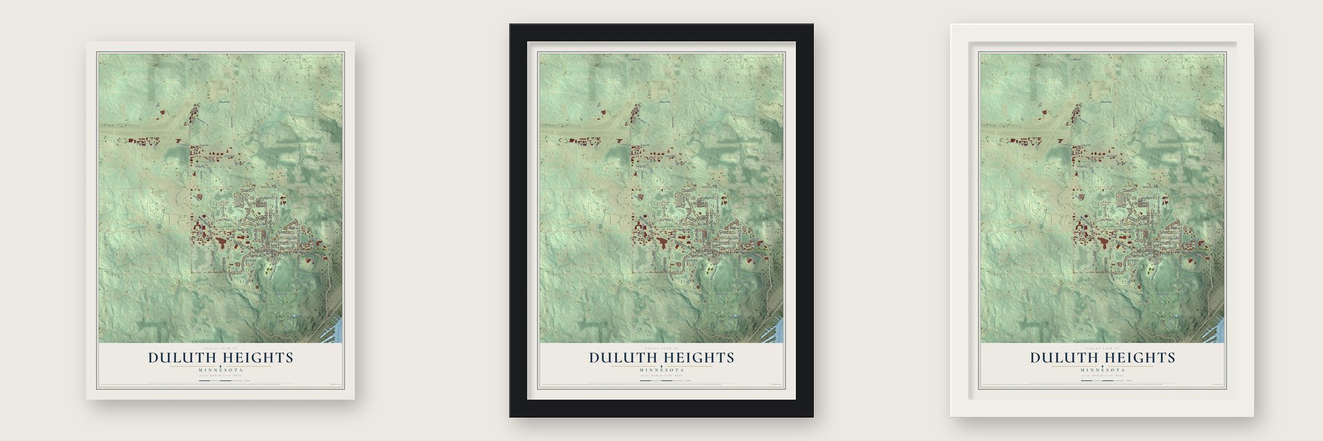 Duluth Heights, Minnesota map unframed, in a black wood frame and in a white wood frame