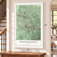 Duluth Heights, Minnesota map, 24 x 36 inch print in a white frame by a staircase