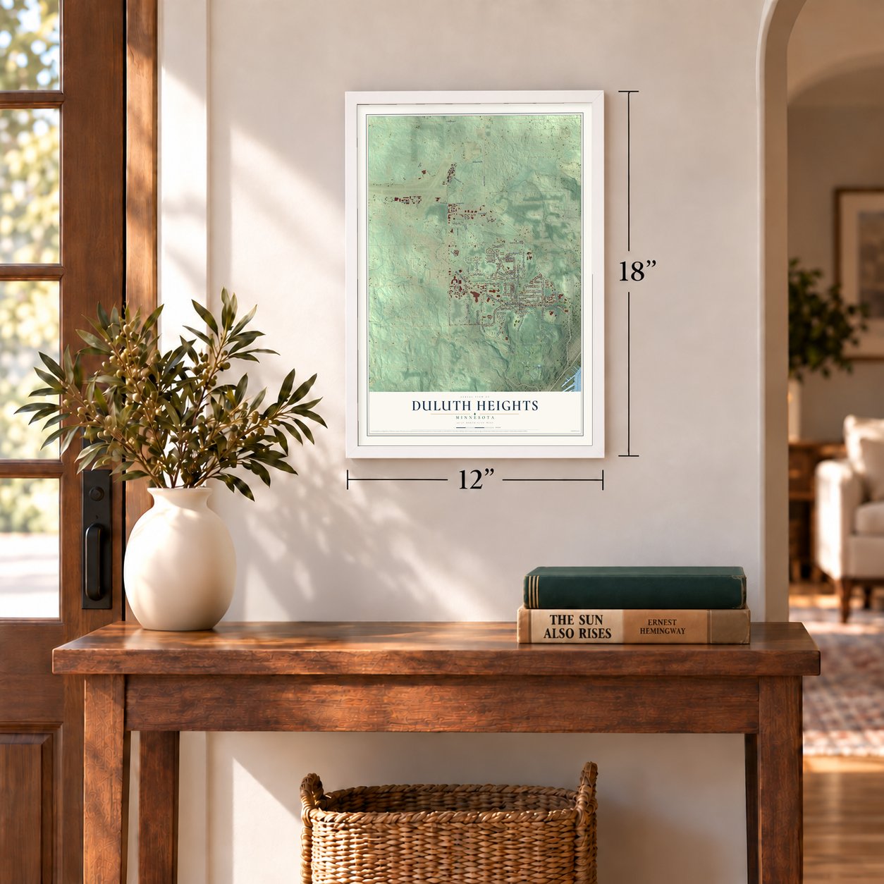 Duluth Heights, Minnesota map, 12 x 18 inch print in a white frame in an entryway