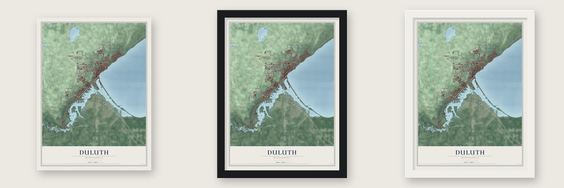 Duluth, Minnesota map unframed, in a black wood frame and in a white wood frame