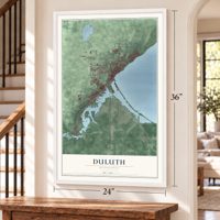 Duluth, Minnesota map, 24 x 36 inch print in a white frame by a staircase