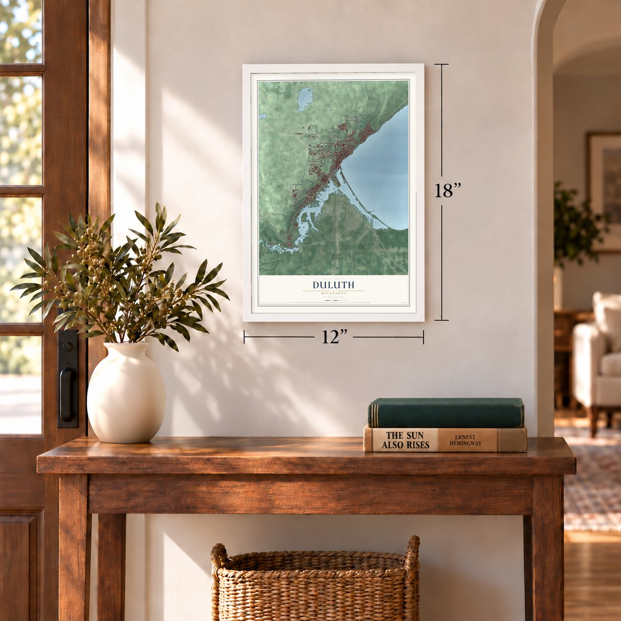 Duluth, Minnesota map, 12 x 18 inch print in a white frame in an entryway
