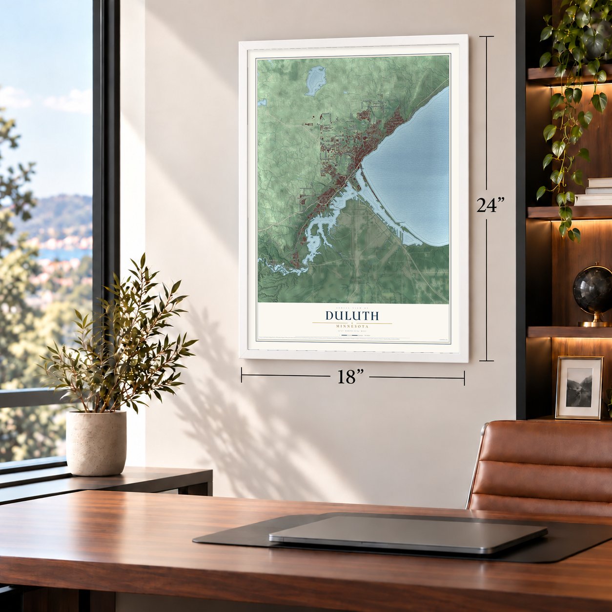 Duluth, Minnesota map, 18 x 24 inch print in a white frame in a home office