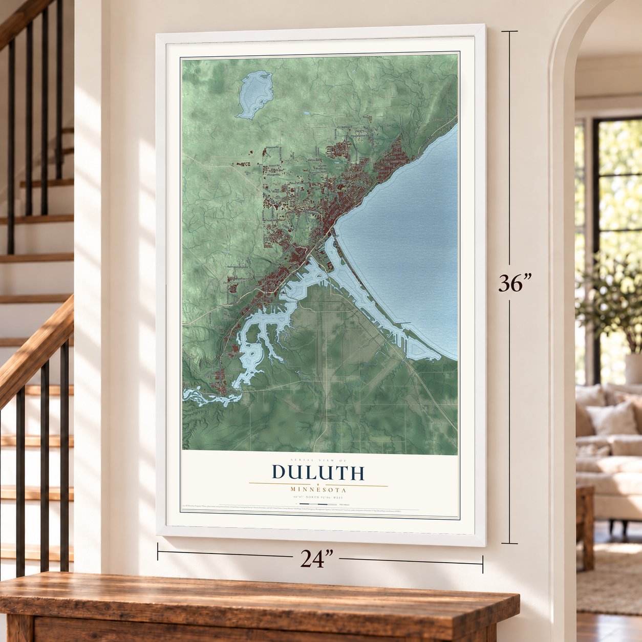 Duluth, Minnesota map, 24 x 36 inch print in a white frame by a staircase