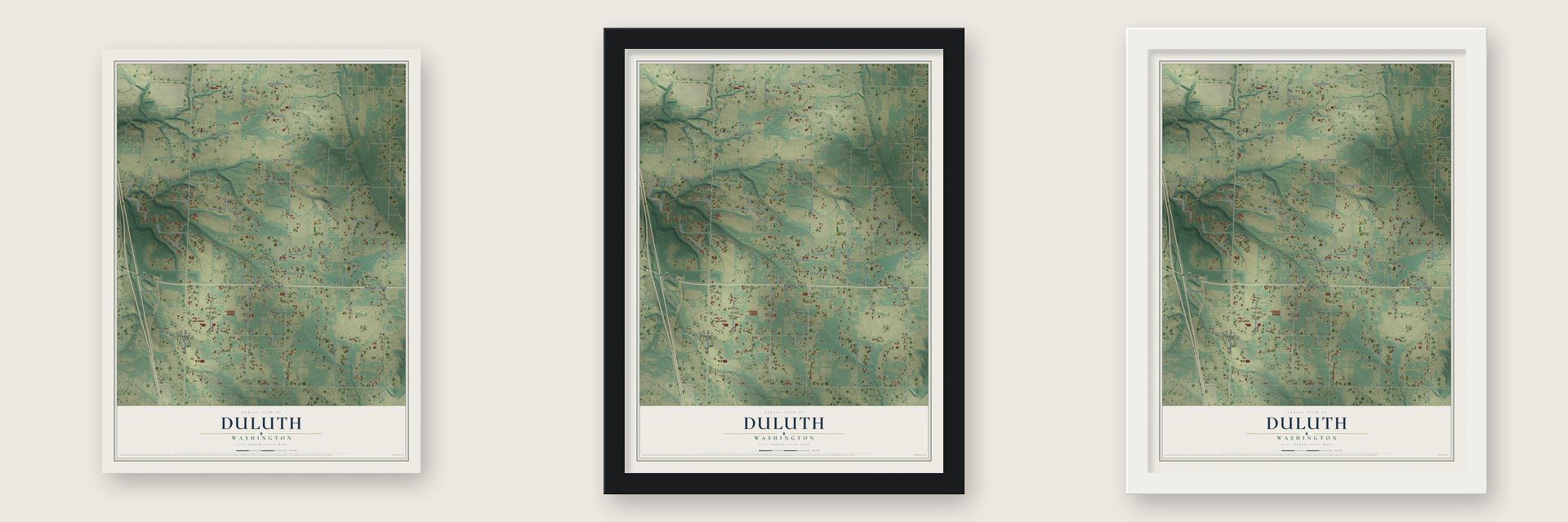 Duluth, Washington map unframed, in a black wood frame and in a white wood frame