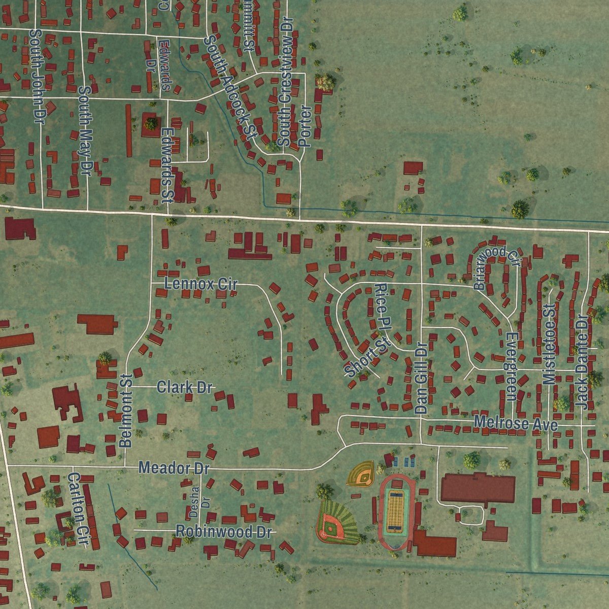 Second close-up of the map of Dumas, Arkansas print showing more streets and buildings