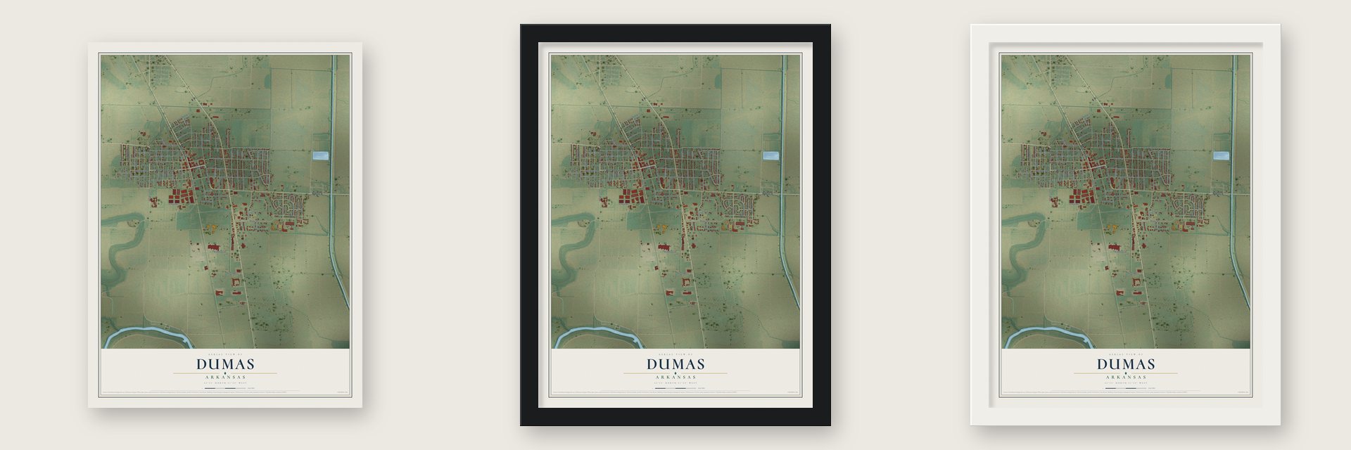 Dumas, Arkansas map unframed, in a black wood frame and in a white wood frame