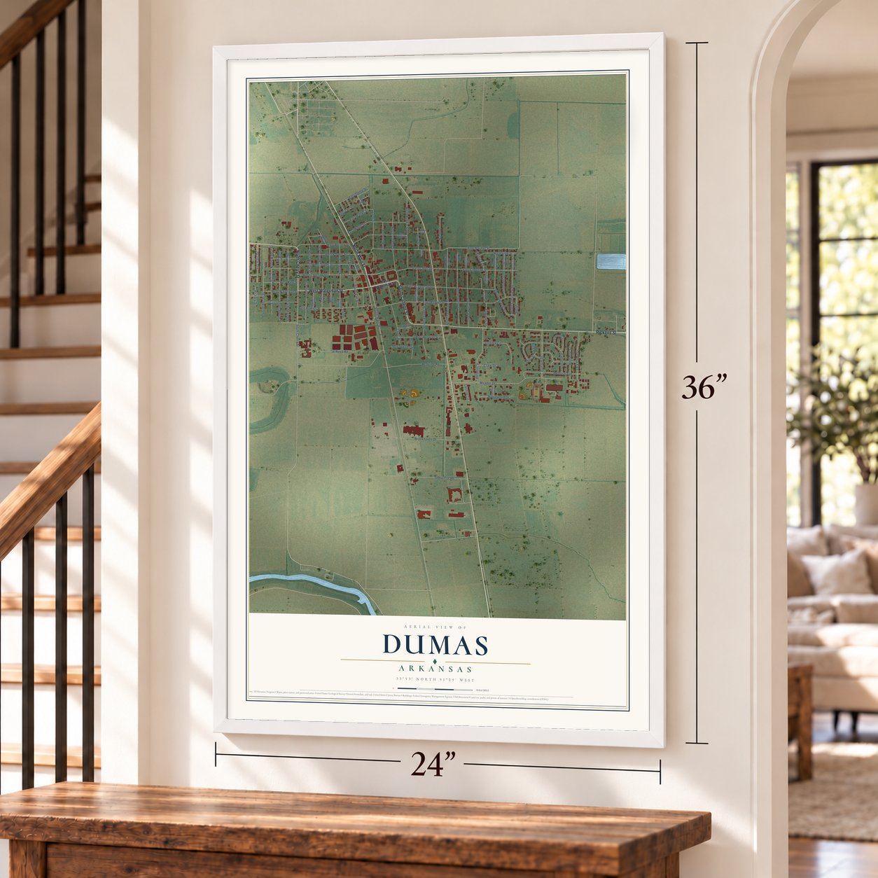 Dumas, Arkansas map, 24 x 36 inch print in a white frame by a staircase