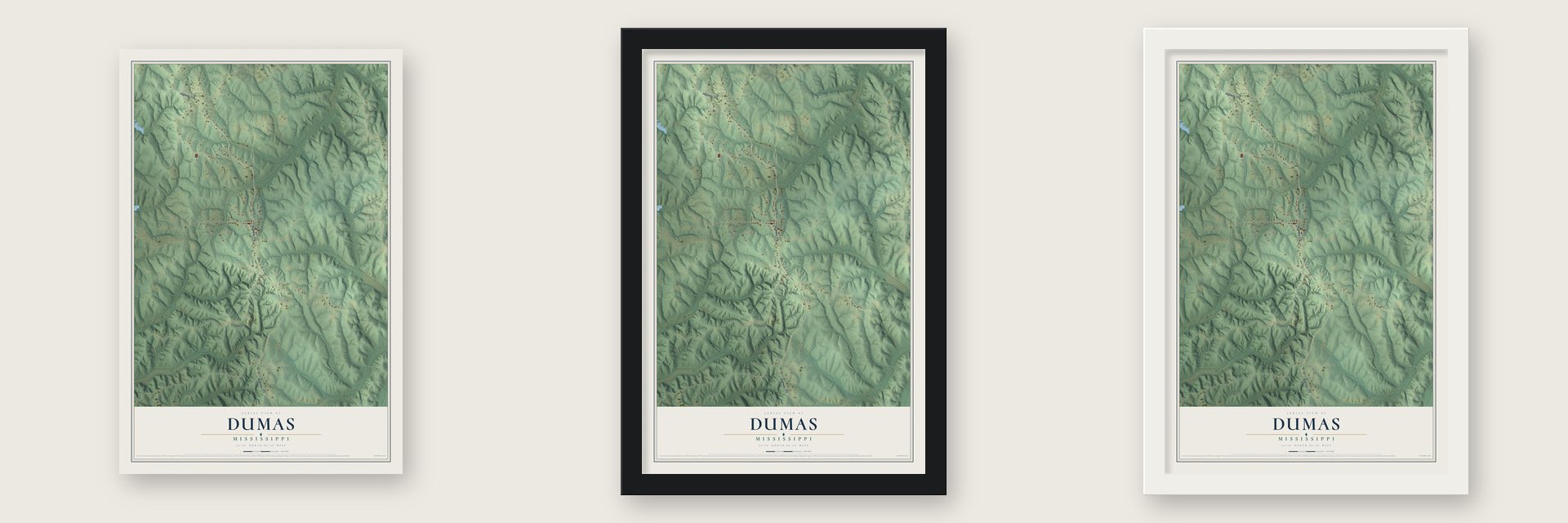 Dumas, Mississippi map unframed, in a black wood frame and in a white wood frame