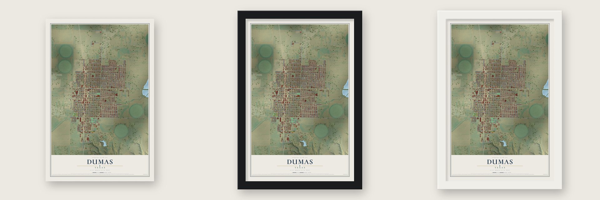 Dumas, Texas map unframed, in a black wood frame and in a white wood frame
