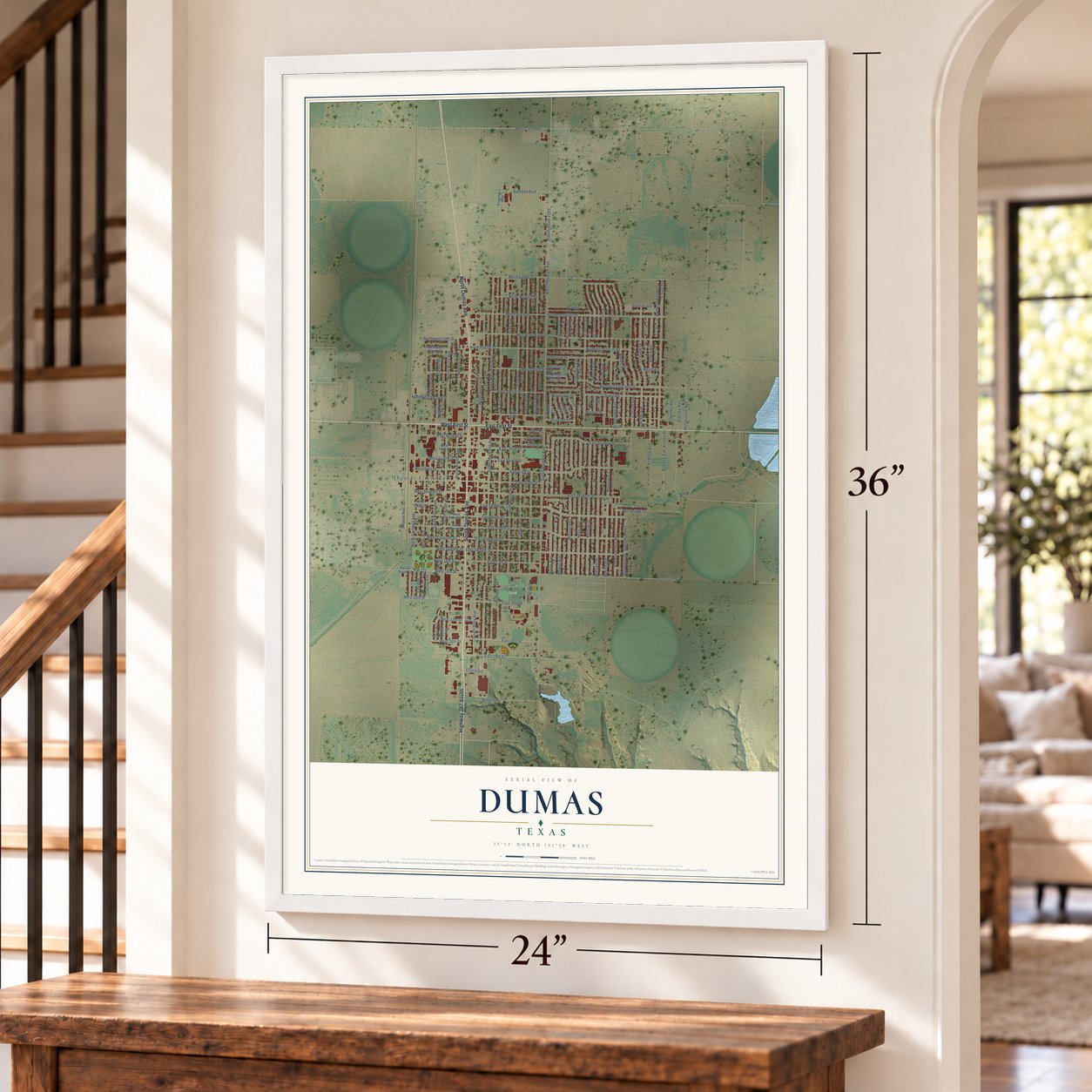 Dumas, Texas map, 24 x 36 inch print in a white frame by a staircase