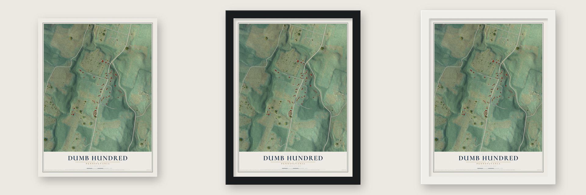 Dumb Hundred, Pennsylvania map unframed, in a black wood frame and in a white wood frame