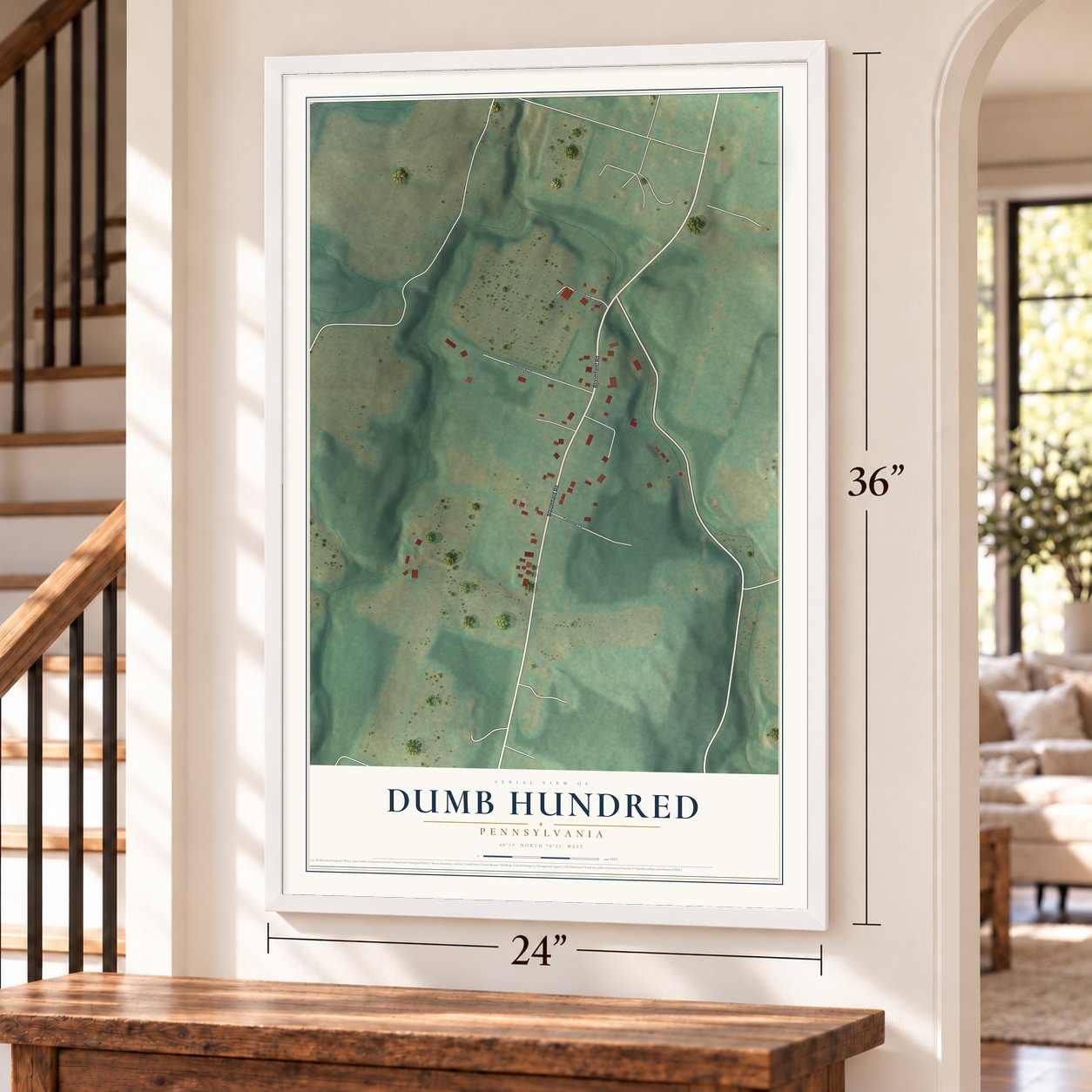 Dumb Hundred, Pennsylvania map, 24 x 36 inch print in a white frame by a staircase