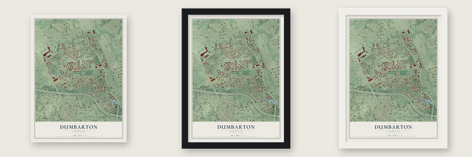 Dumbarton, Virginia map unframed, in a black wood frame and in a white wood frame