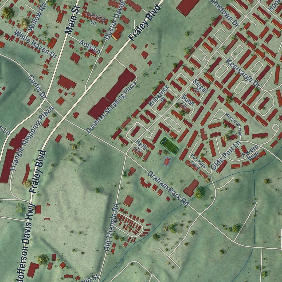 Second close-up of the map of Dumfries, Virginia print showing more streets and buildings