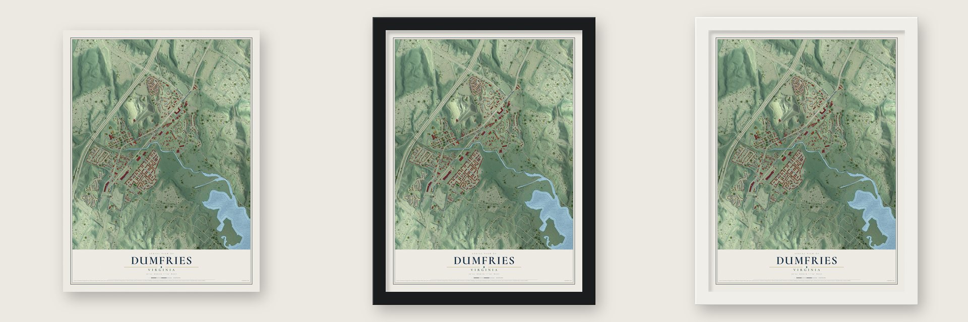Dumfries, Virginia map unframed, in a black wood frame and in a white wood frame