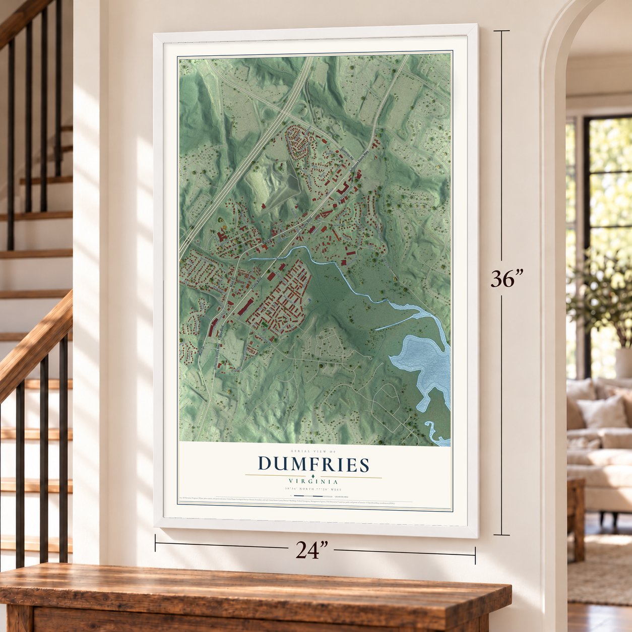 Dumfries, Virginia map, 24 x 36 inch print in a white frame by a staircase