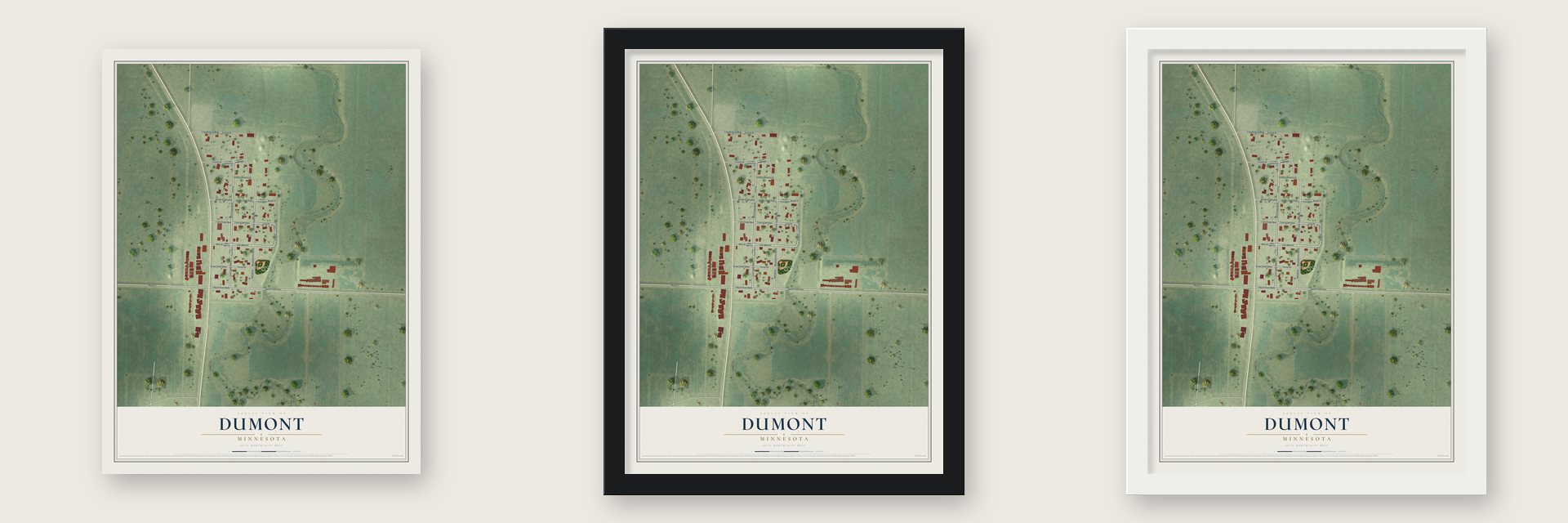 Dumont, Minnesota map unframed, in a black wood frame and in a white wood frame