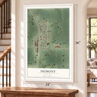 Dumont, Minnesota map, 24 x 36 inch print in a white frame by a staircase