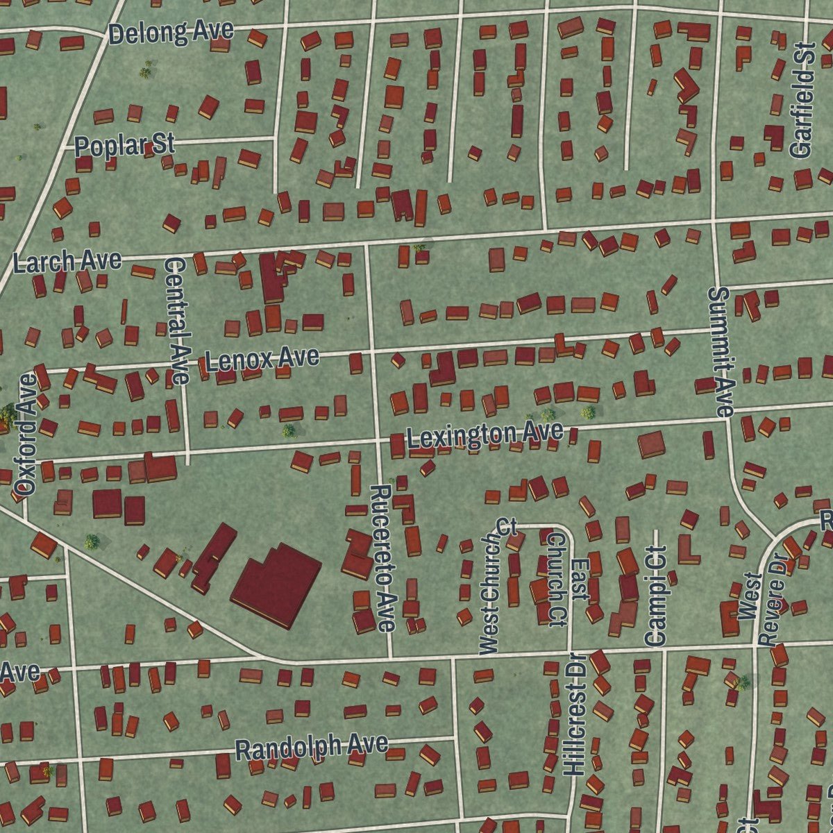 Second close-up of the map of Dumont, New Jersey print showing more streets and buildings