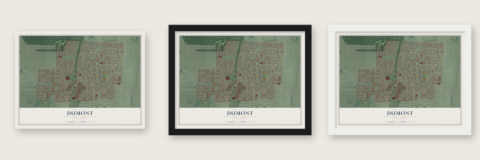 Dumont, New Jersey map unframed, in a black wood frame and in a white wood frame