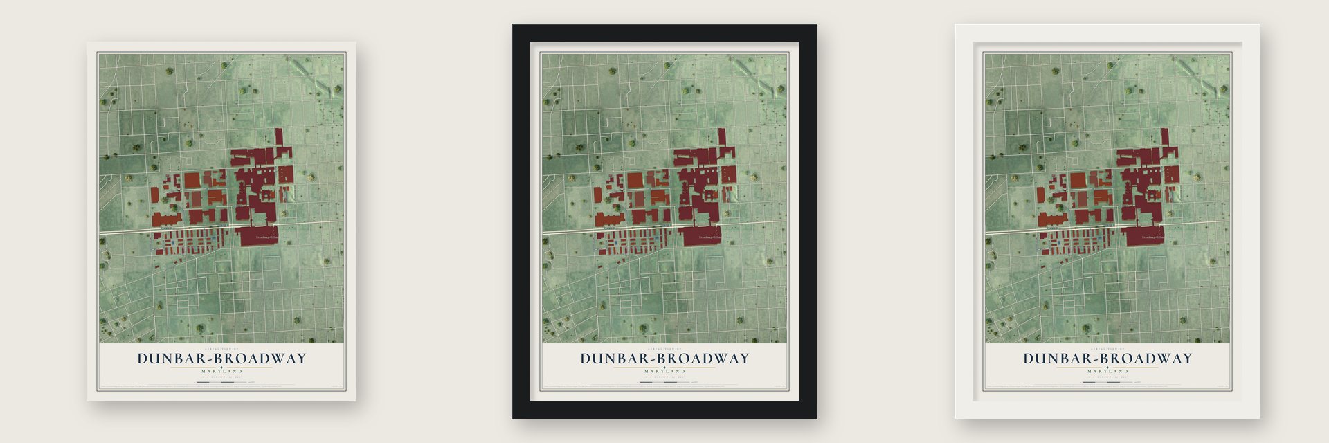 Dunbar-Broadway, Maryland map unframed, in a black wood frame and in a white wood frame