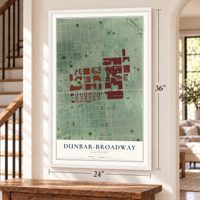 Dunbar-Broadway, Maryland map, 24 x 36 inch print in a white frame by a staircase
