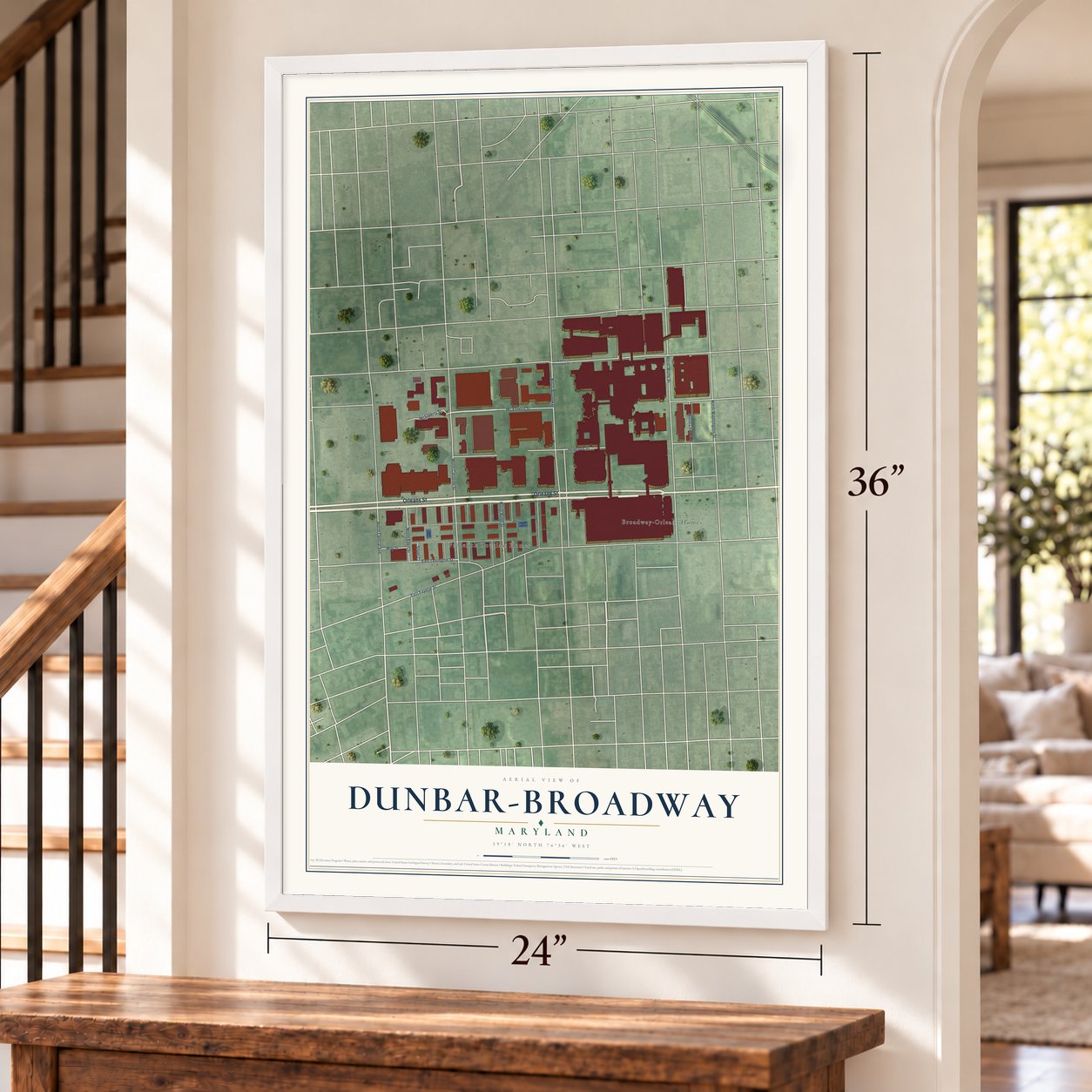 Dunbar-Broadway, Maryland map, 24 x 36 inch print in a white frame by a staircase