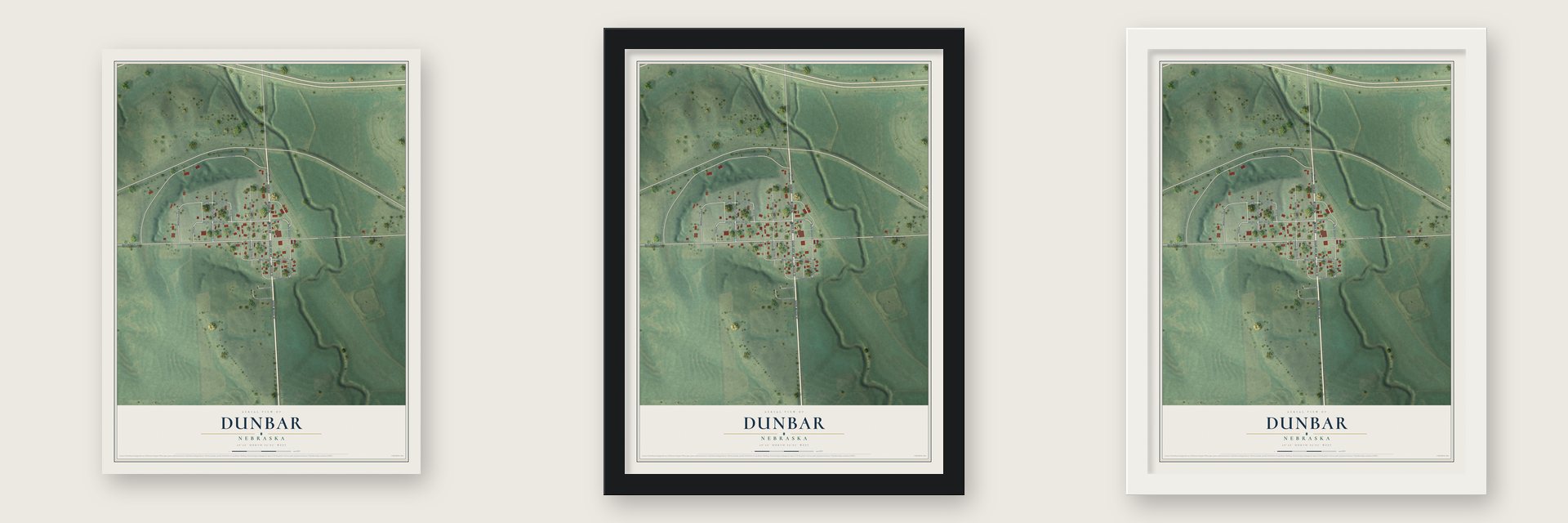 Dunbar, Nebraska map unframed, in a black wood frame and in a white wood frame