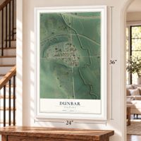 Dunbar, Nebraska map, 24 x 36 inch print in a white frame by a staircase