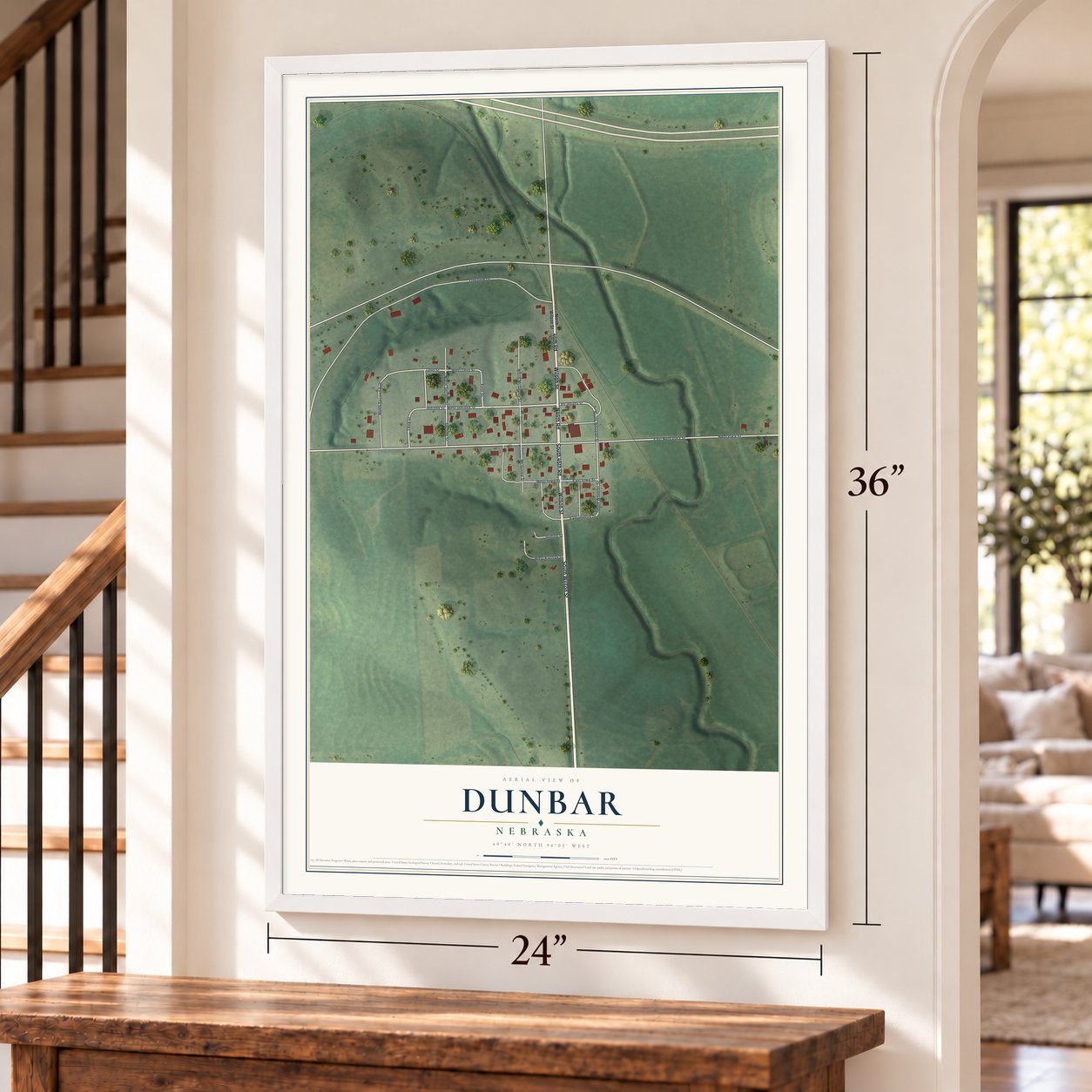 Dunbar, Nebraska map, 24 x 36 inch print in a white frame by a staircase