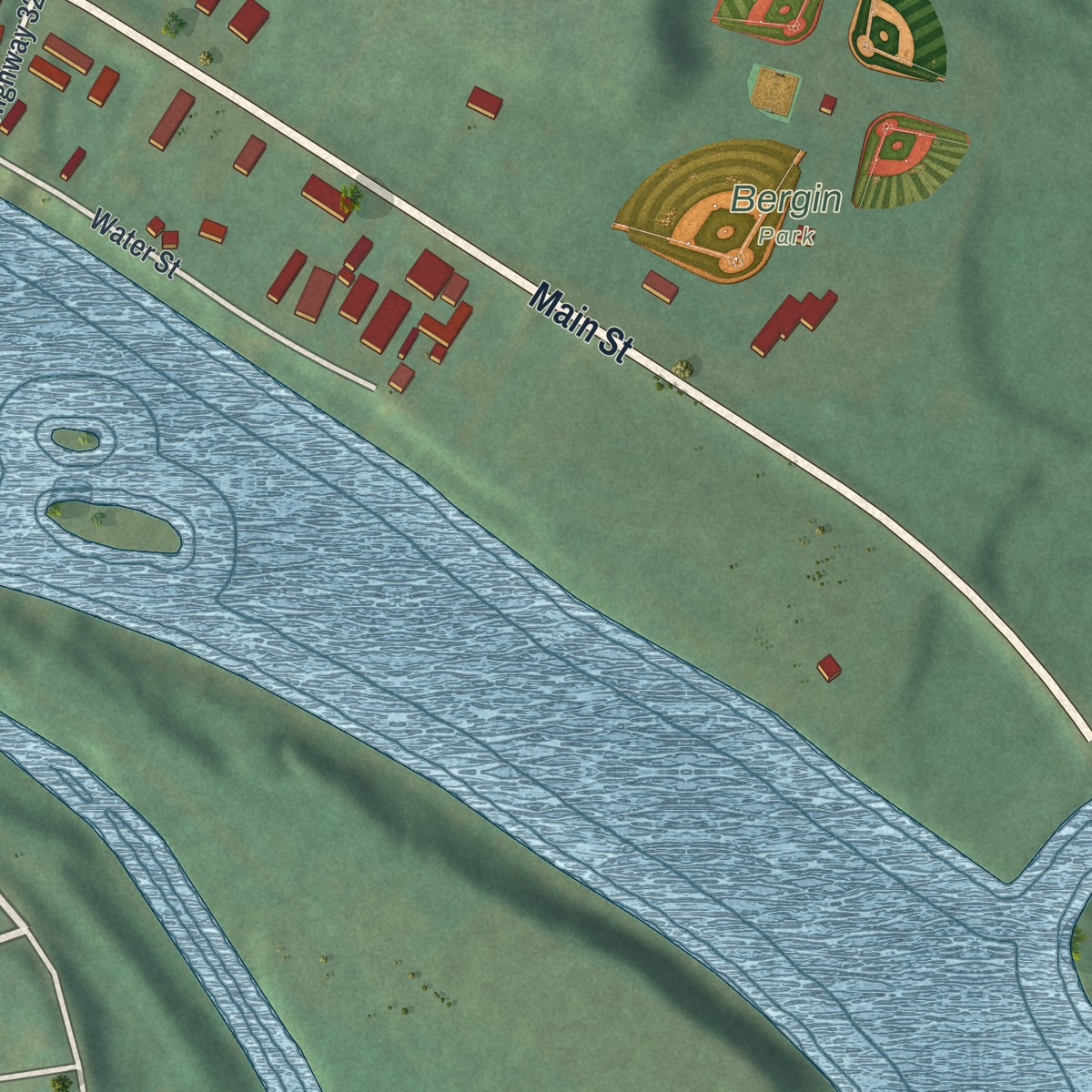 Second close-up of the map of Duncan Falls, Ohio print showing more streets and buildings