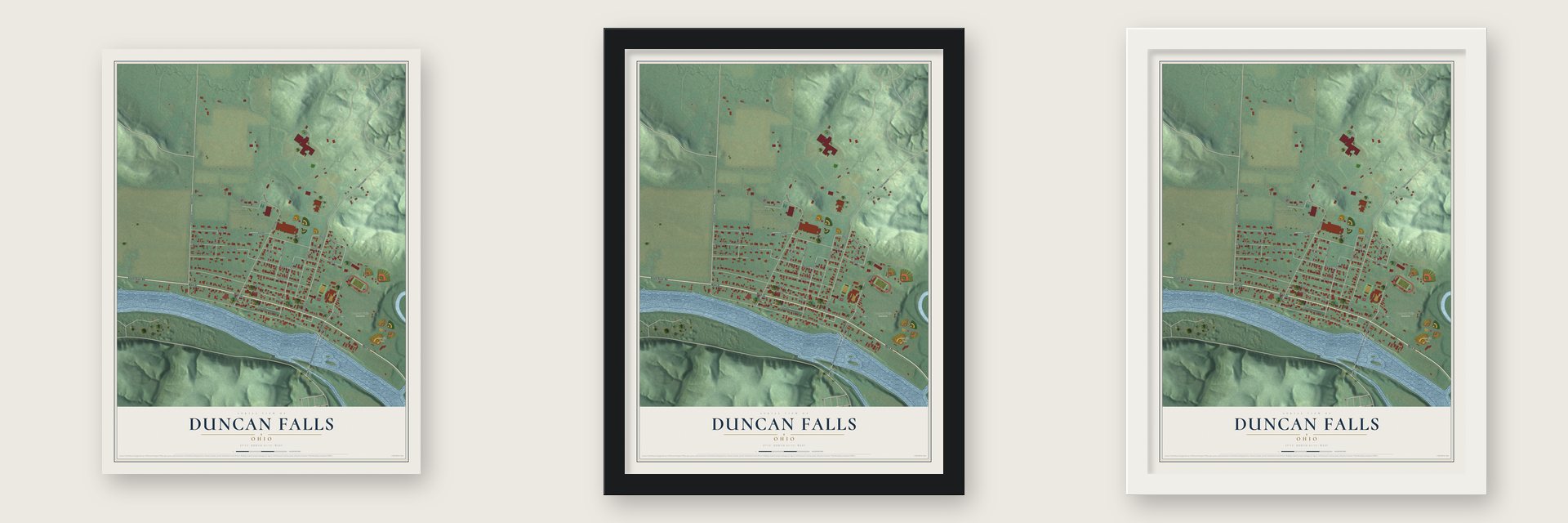 Duncan Falls, Ohio map unframed, in a black wood frame and in a white wood frame