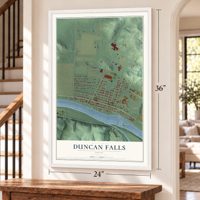 Duncan Falls, Ohio map, 24 x 36 inch print in a white frame by a staircase