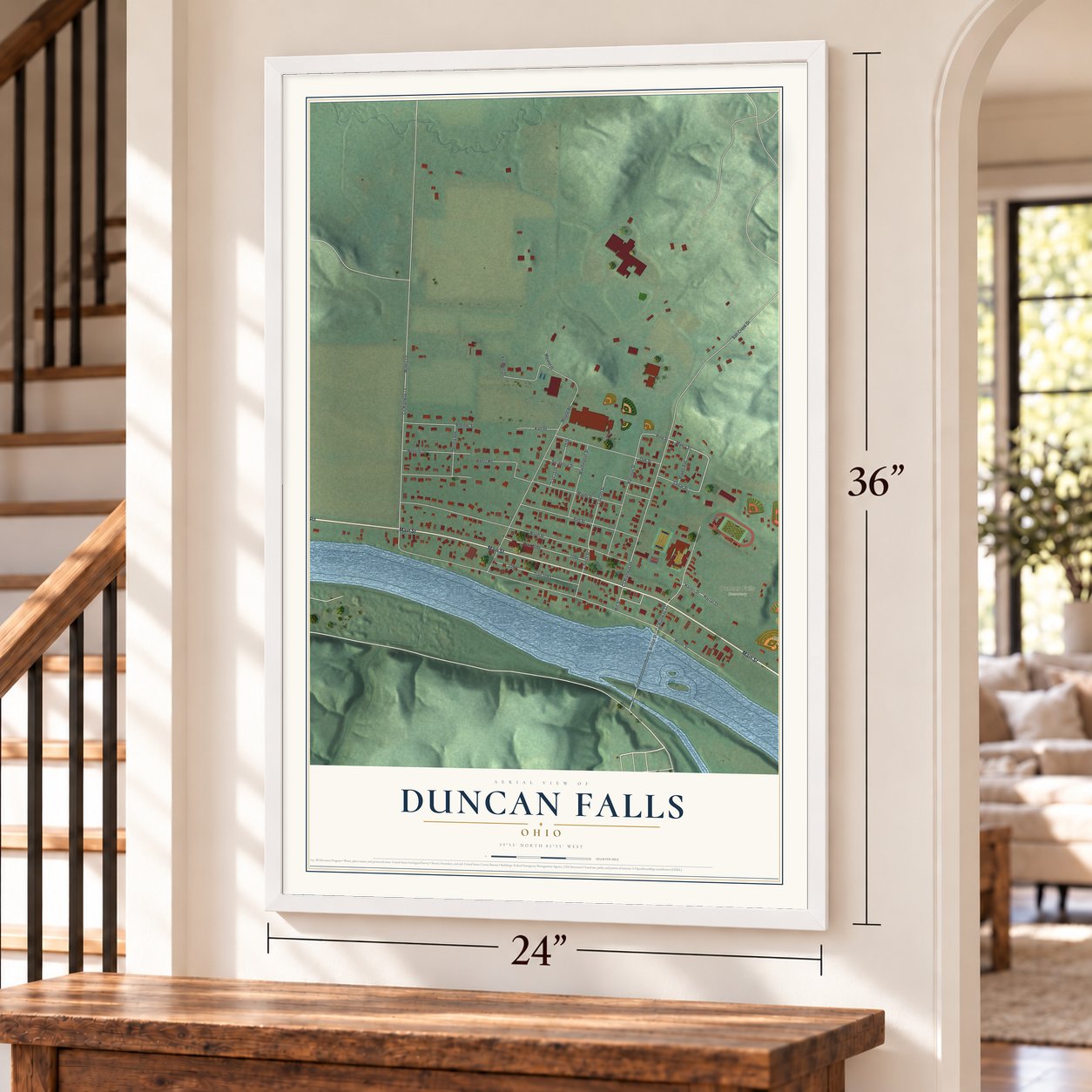 Duncan Falls, Ohio map, 24 x 36 inch print in a white frame by a staircase