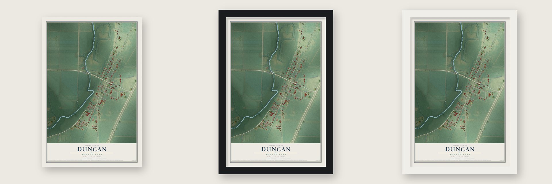 Duncan, Mississippi map unframed, in a black wood frame and in a white wood frame