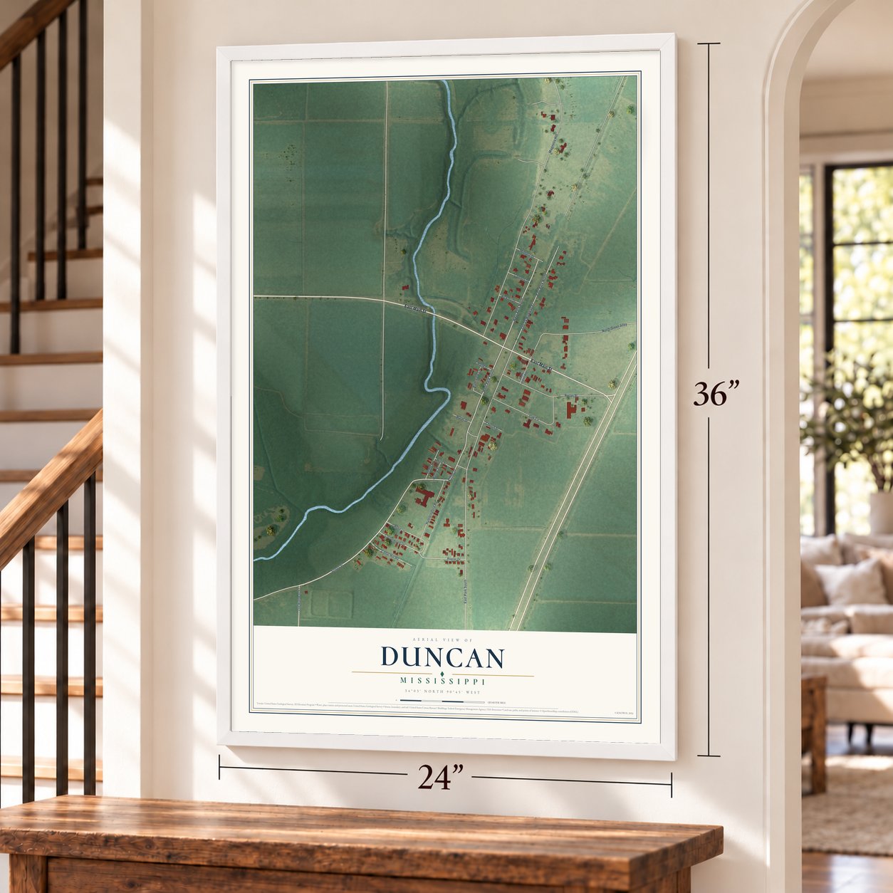 Duncan, Mississippi map, 24 x 36 inch print in a white frame by a staircase