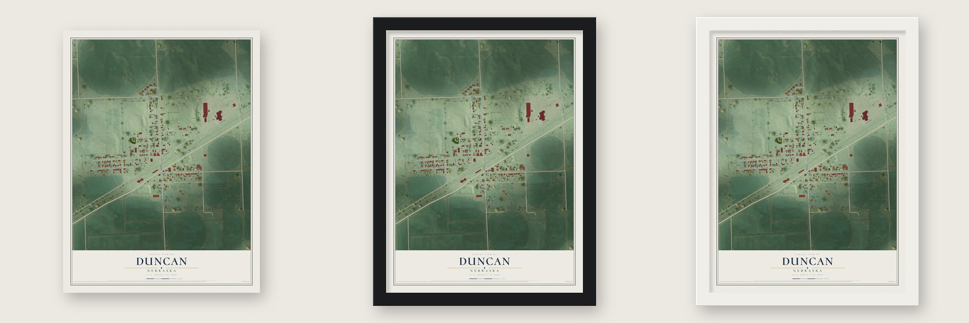 Duncan, Nebraska map unframed, in a black wood frame and in a white wood frame