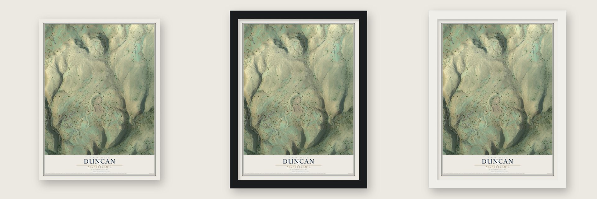 Duncan, Pennsylvania map unframed, in a black wood frame and in a white wood frame