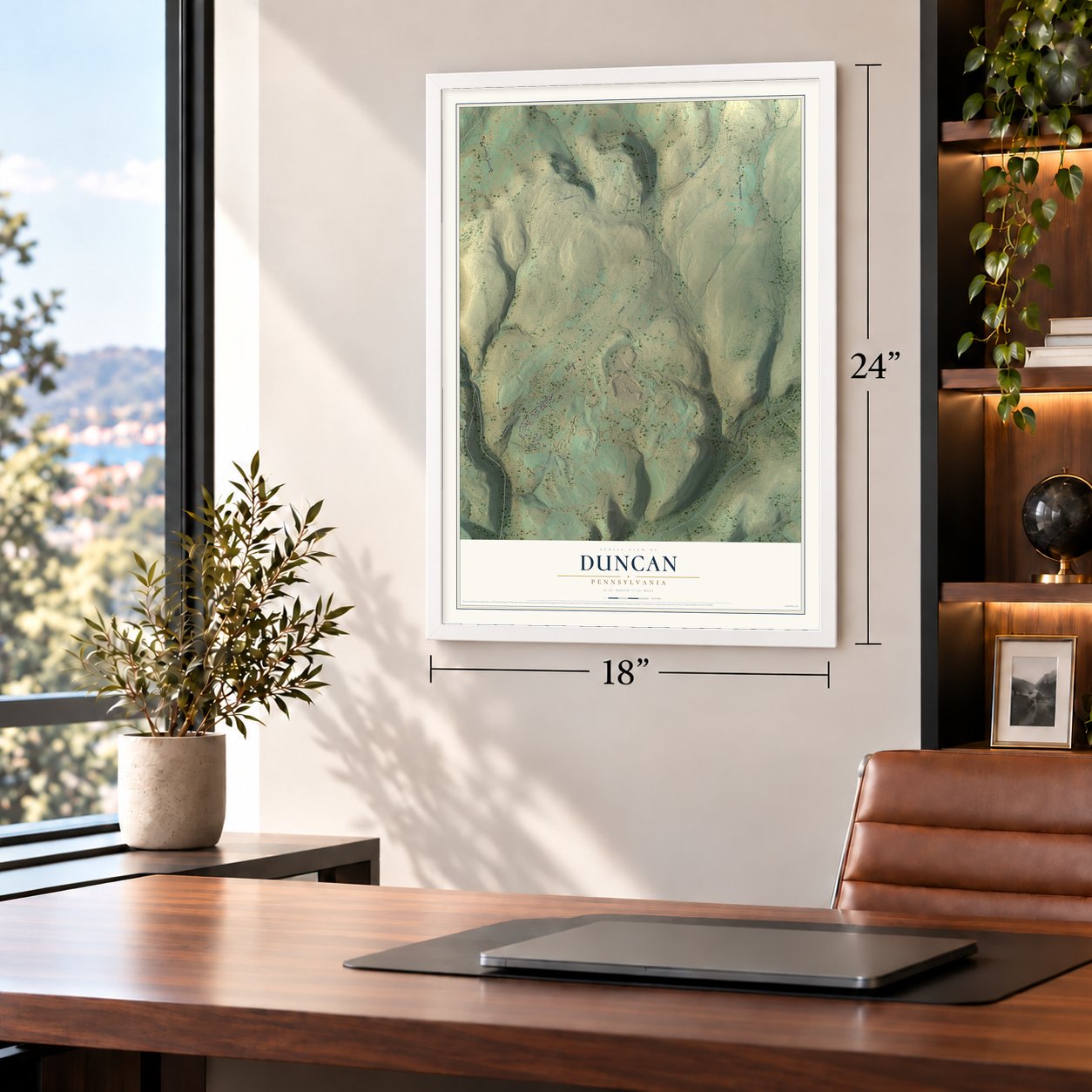 Duncan, Pennsylvania map, 18 x 24 inch print in a white frame in a home office
