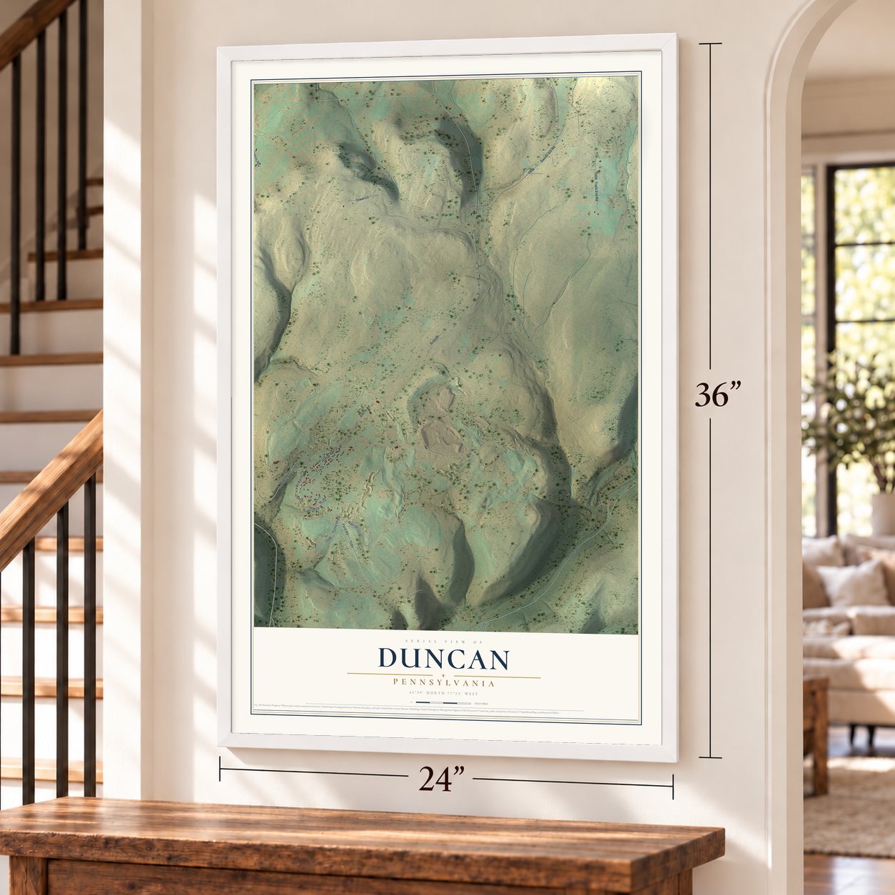 Duncan, Pennsylvania map, 24 x 36 inch print in a white frame by a staircase