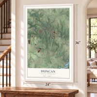 Duncan, South Carolina map, 24 x 36 inch print in a white frame by a staircase