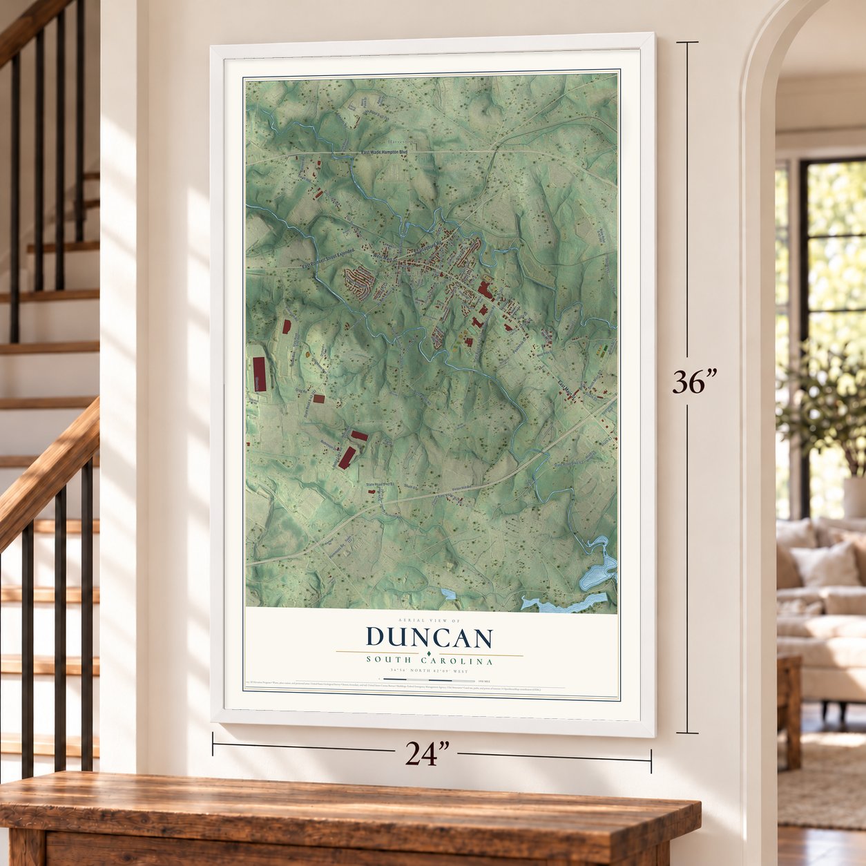 Duncan, South Carolina map, 24 x 36 inch print in a white frame by a staircase
