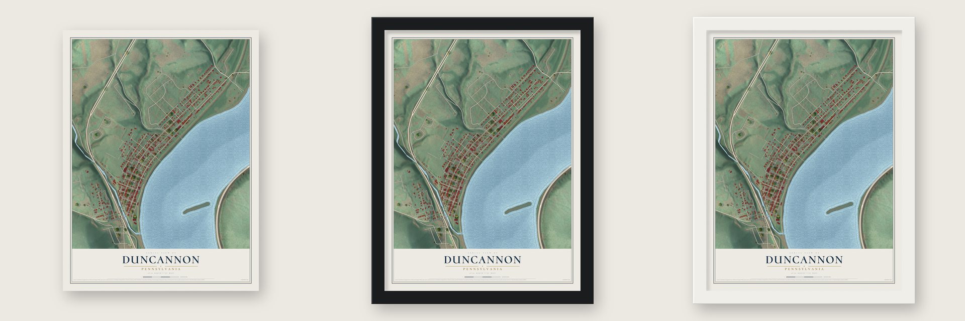 Duncannon, Pennsylvania map unframed, in a black wood frame and in a white wood frame