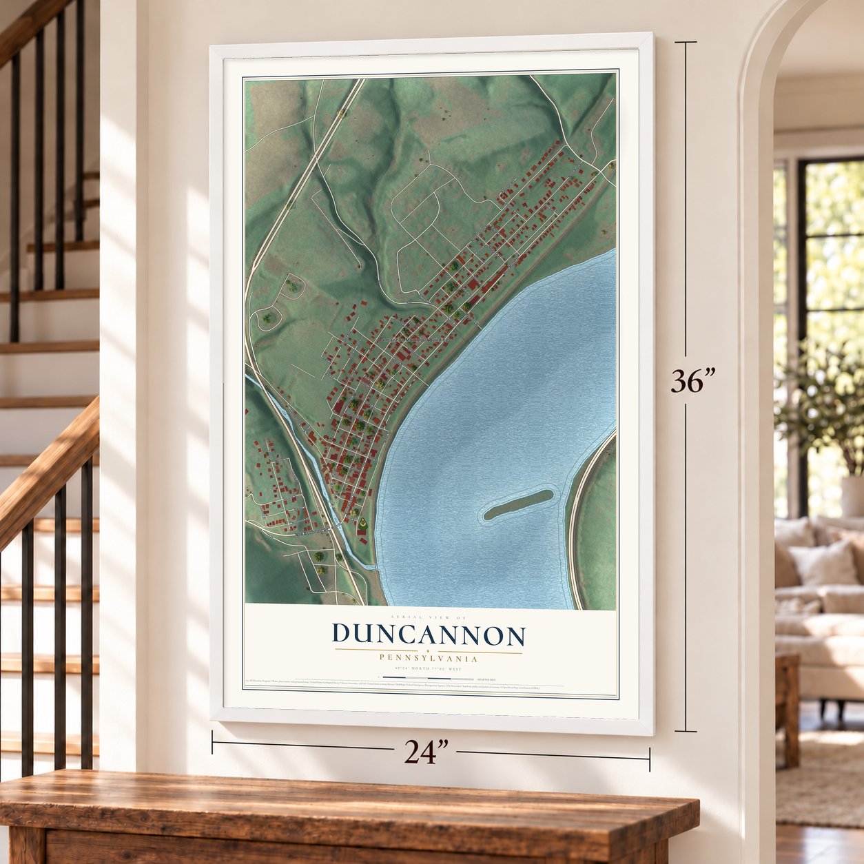 Duncannon, Pennsylvania map, 24 x 36 inch print in a white frame by a staircase
