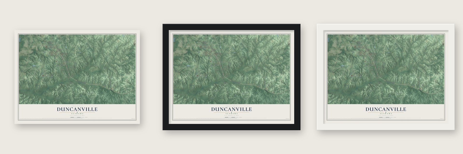 Duncanville, Alabama map unframed, in a black wood frame and in a white wood frame