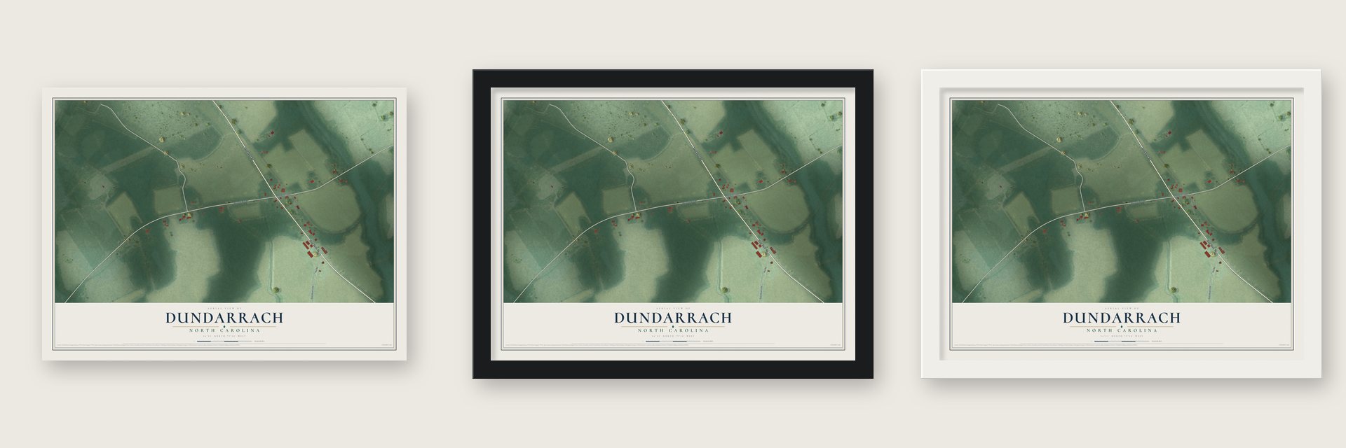 Dundarrach, North Carolina map unframed, in a black wood frame and in a white wood frame