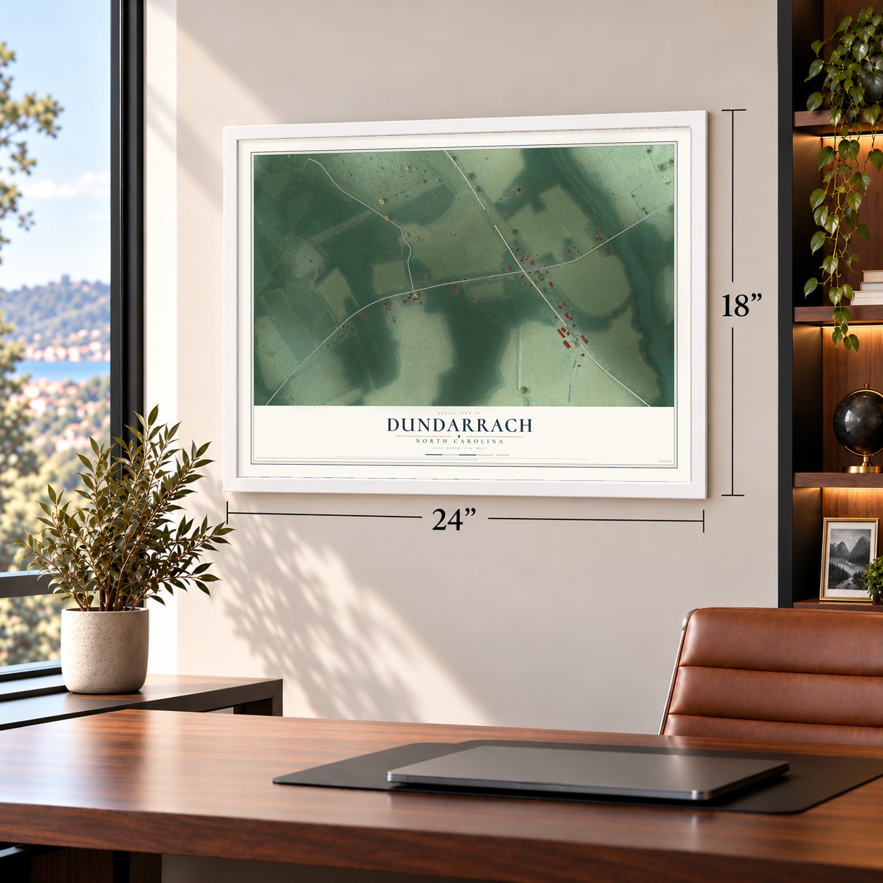 Dundarrach, North Carolina map, 18 x 24 inch print in a white frame in a home office